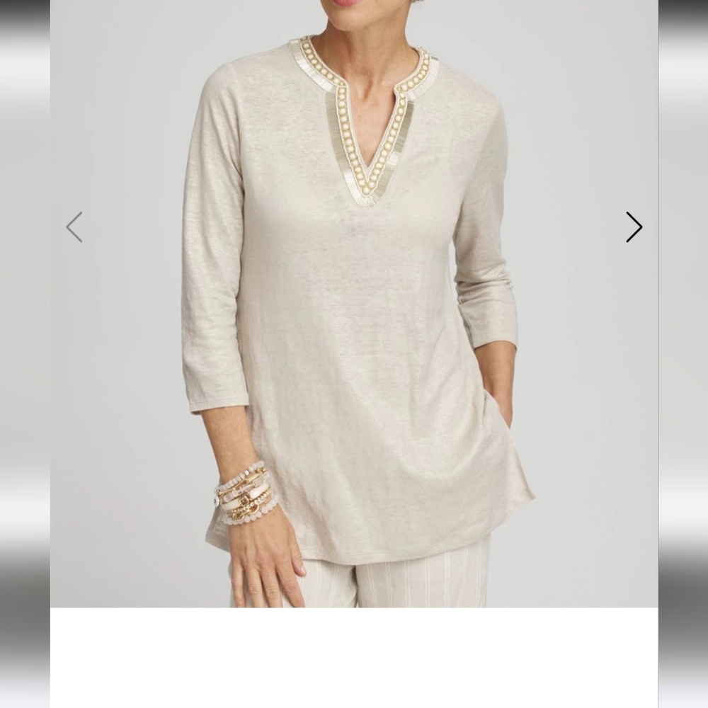 Chico's Cream Embellished Tunic with 3/4 Sleeves